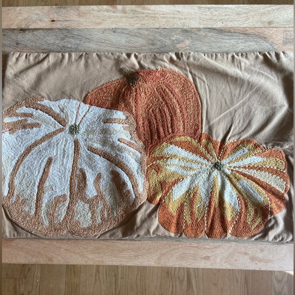 SOLD***Barn lumbar embroidered pumpkin fall harvest pillow. Size 16X26.